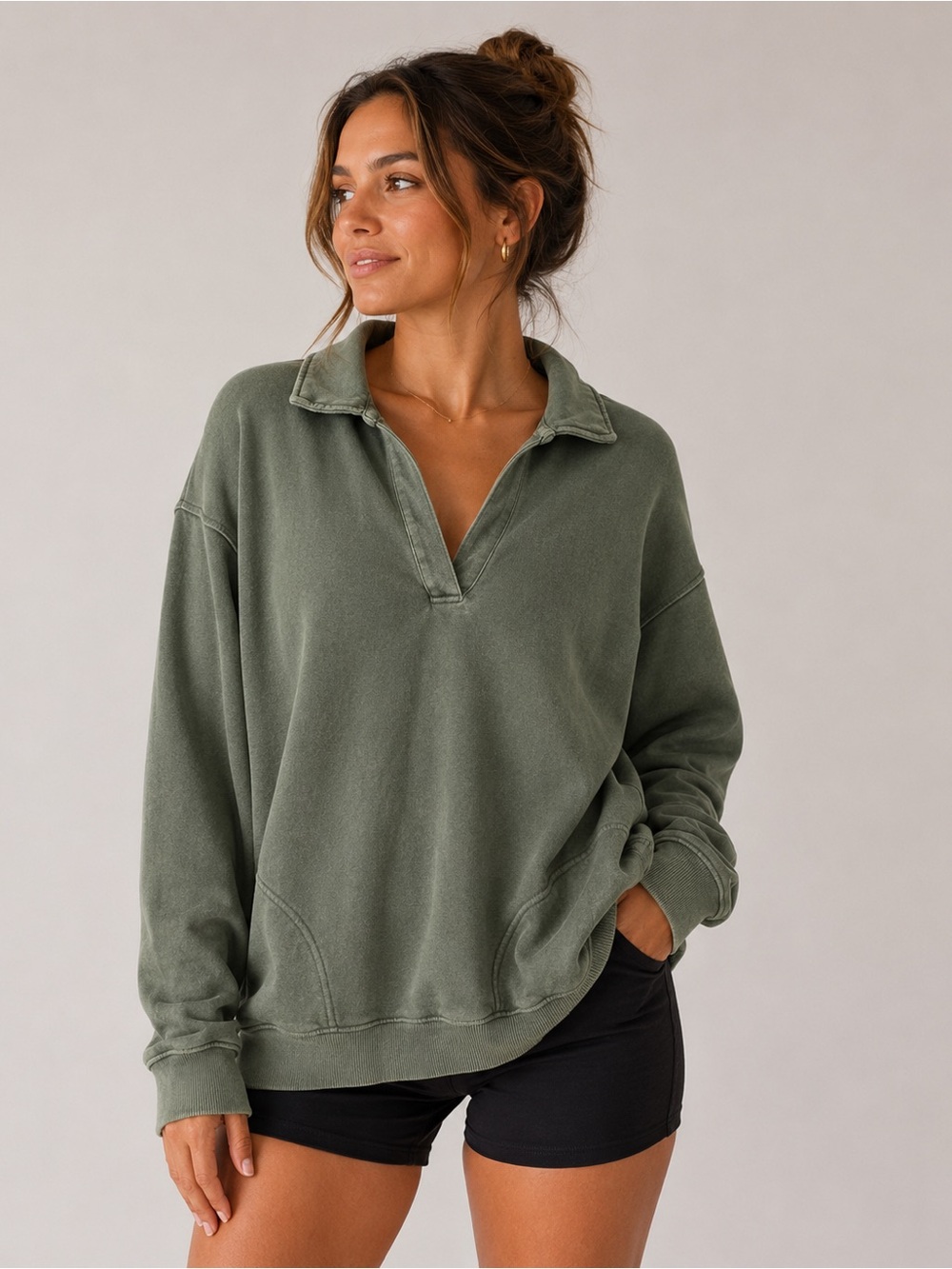 Aerie Washed Olive Green Collared V-Neck Pullover